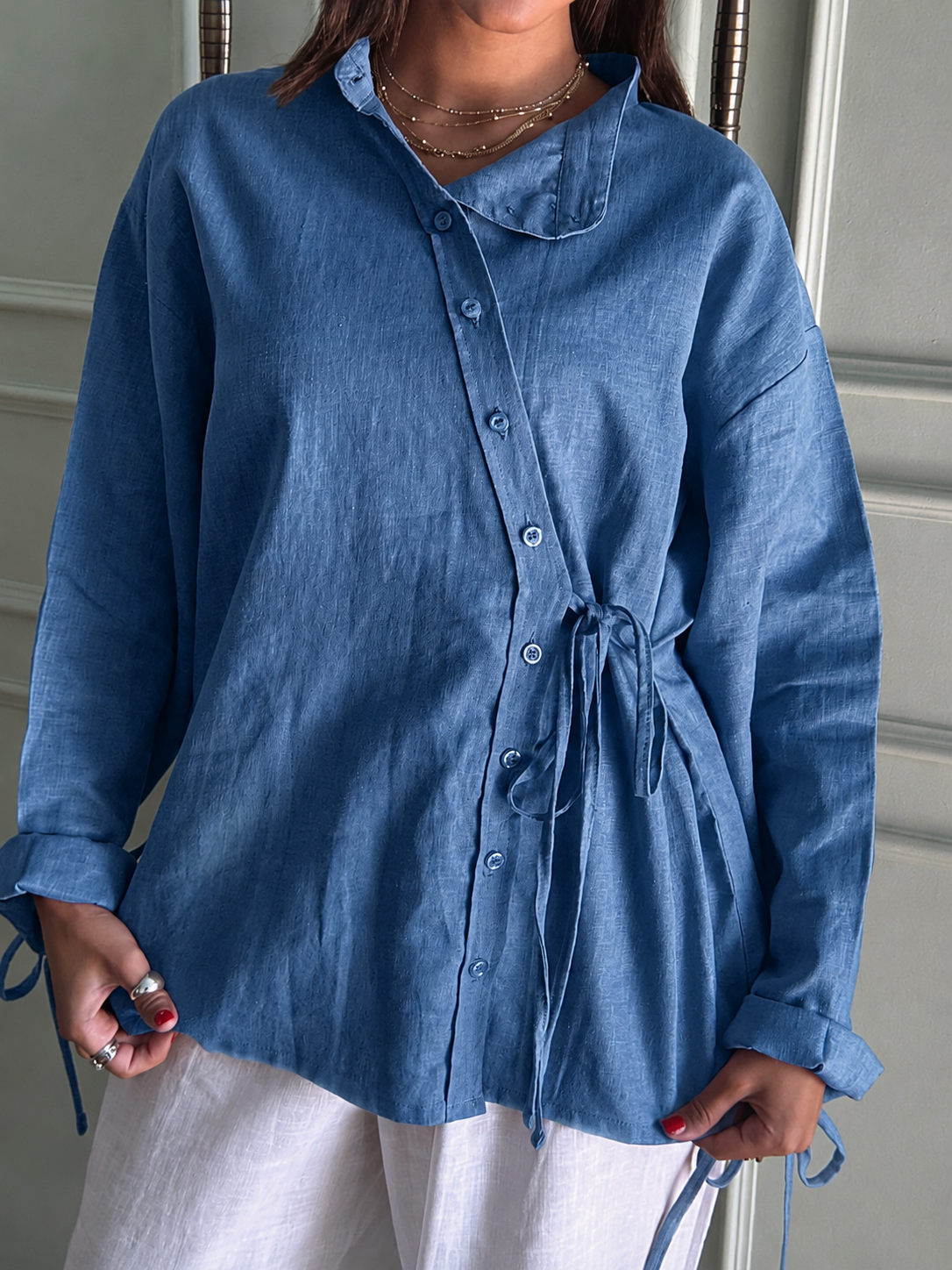 Side Bow Linen Shirt - Jeans Blue