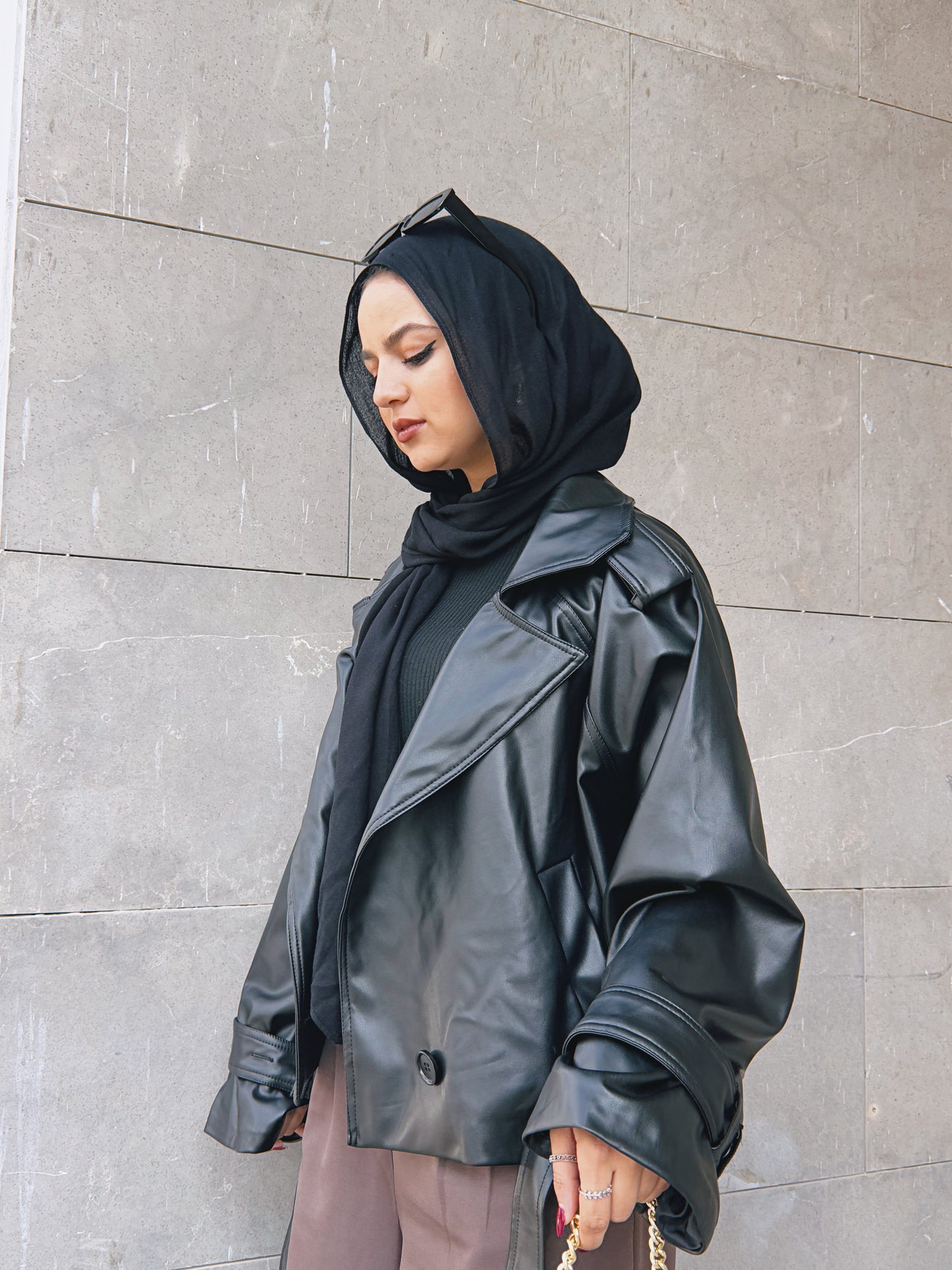 Leather Cropped Trench Jacket - Black