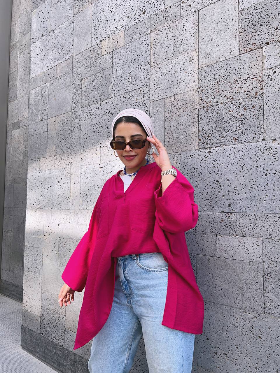 Notched neck shirt - Hot pink