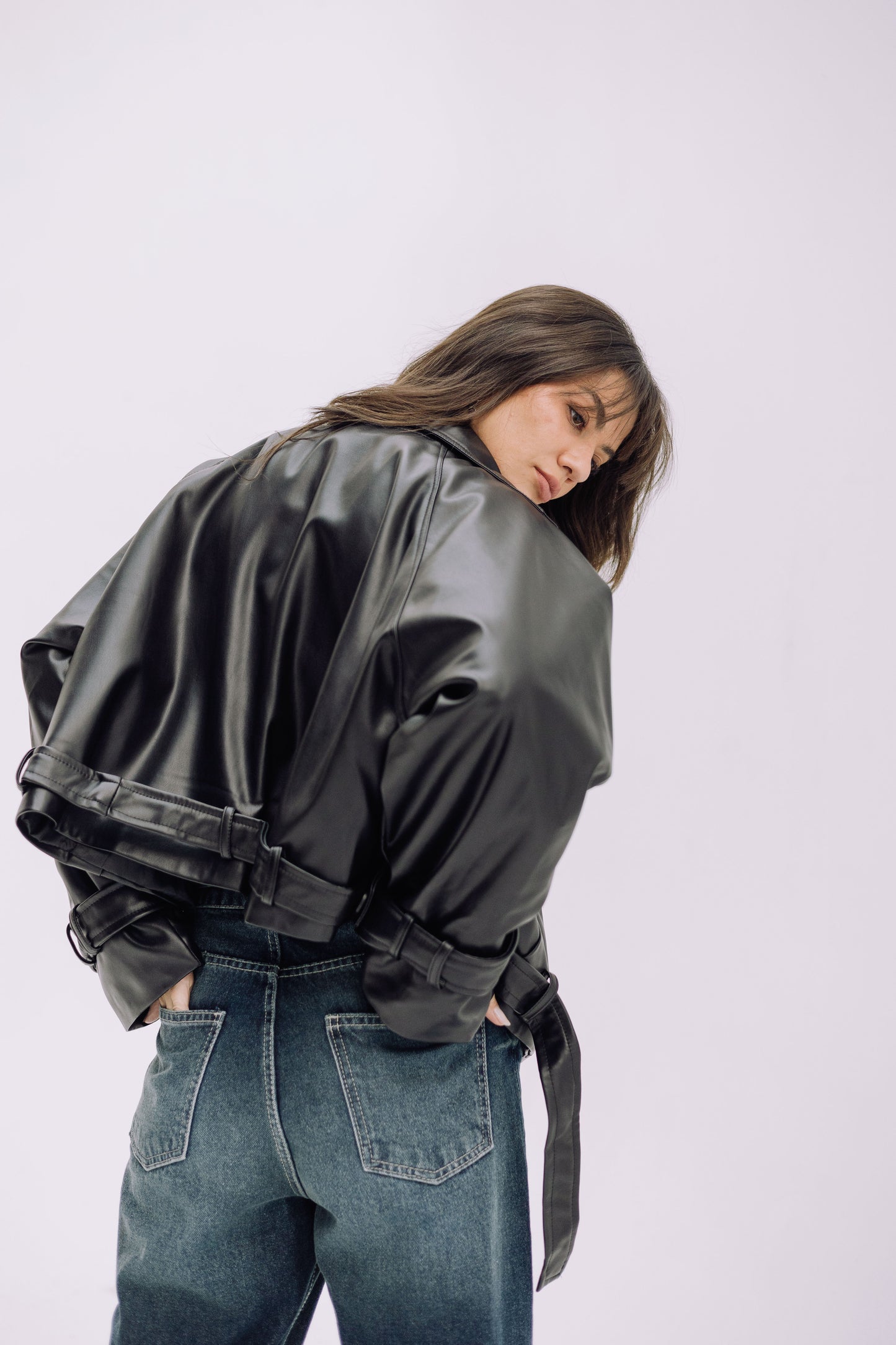 Leather Cropped Trench Jacket - Black