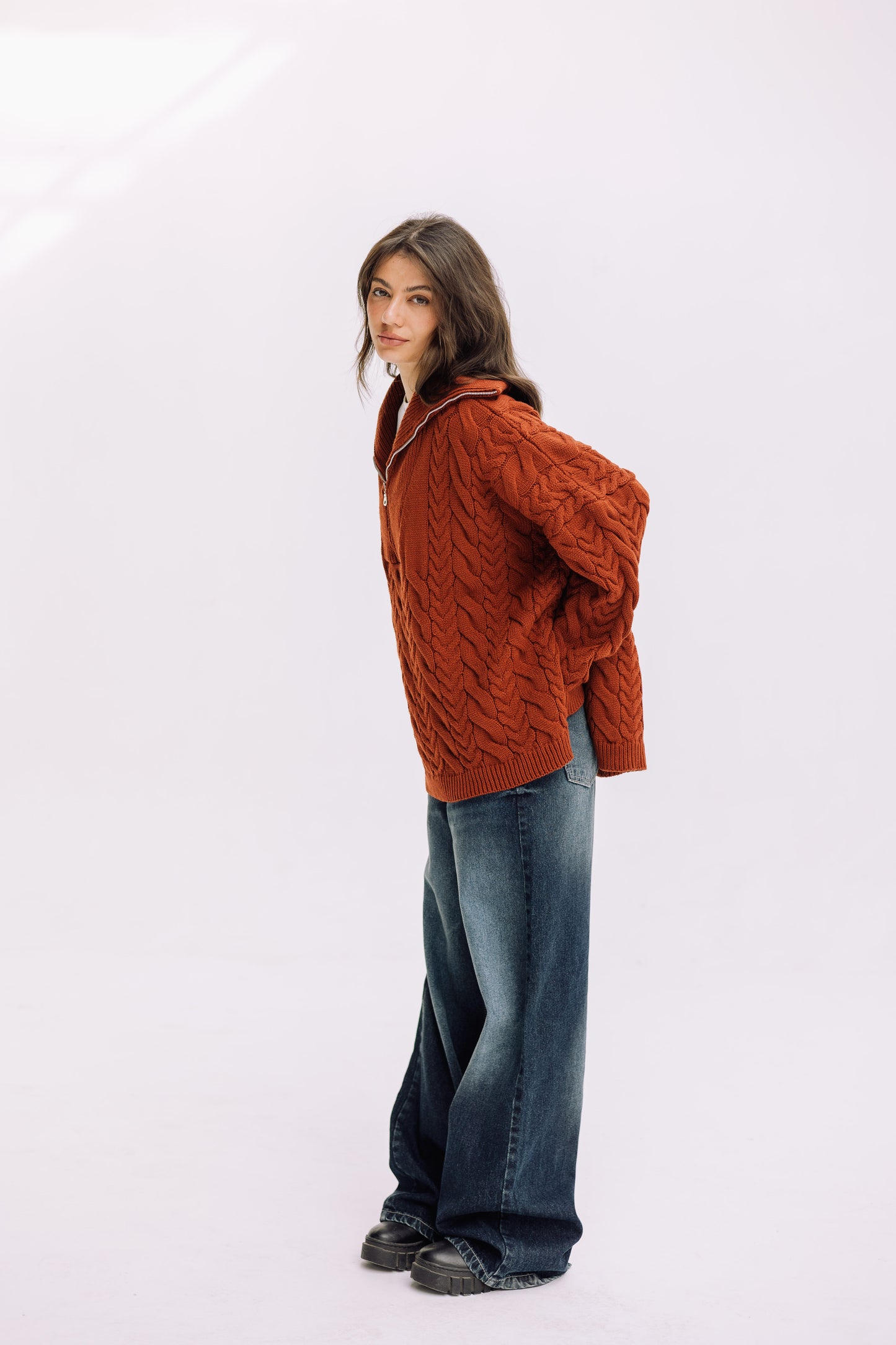 Braided Half-Zip Sweater - Brick