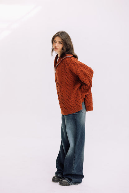 Braided Half-Zip Sweater - Brick