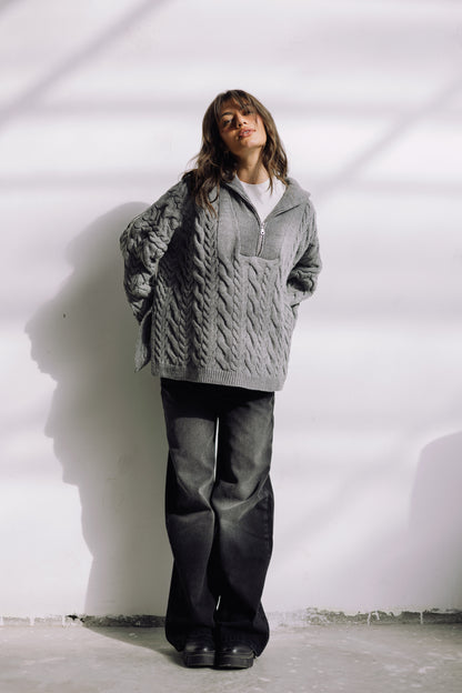 Braided Half-Zip Sweater - Grey