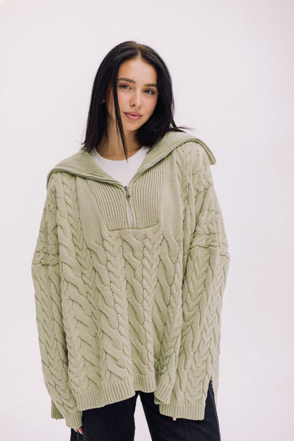 Braided Half-Zip Sweater - Basil