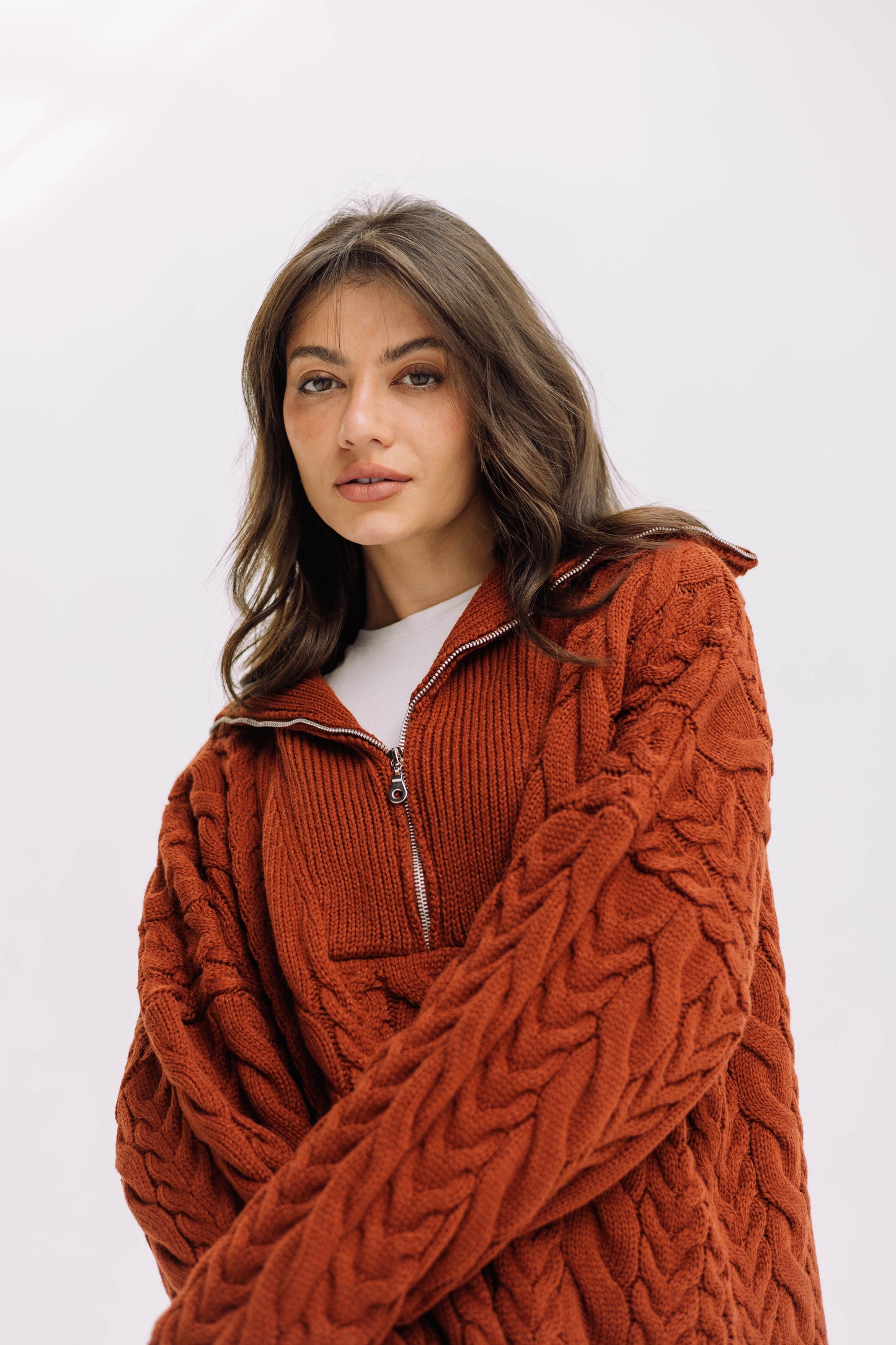 Braided Half-Zip Sweater - Brick