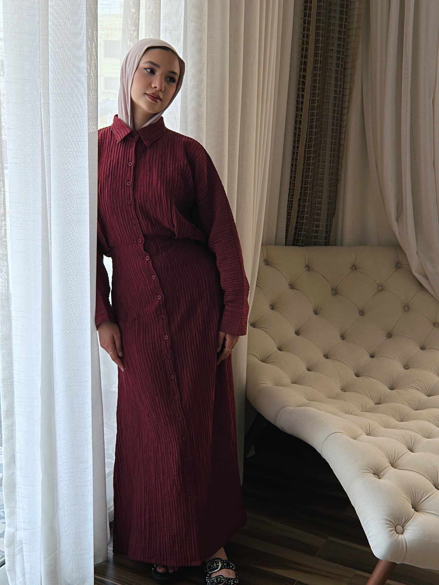 Dreamy Crinkled Dress - Deep Burgundy