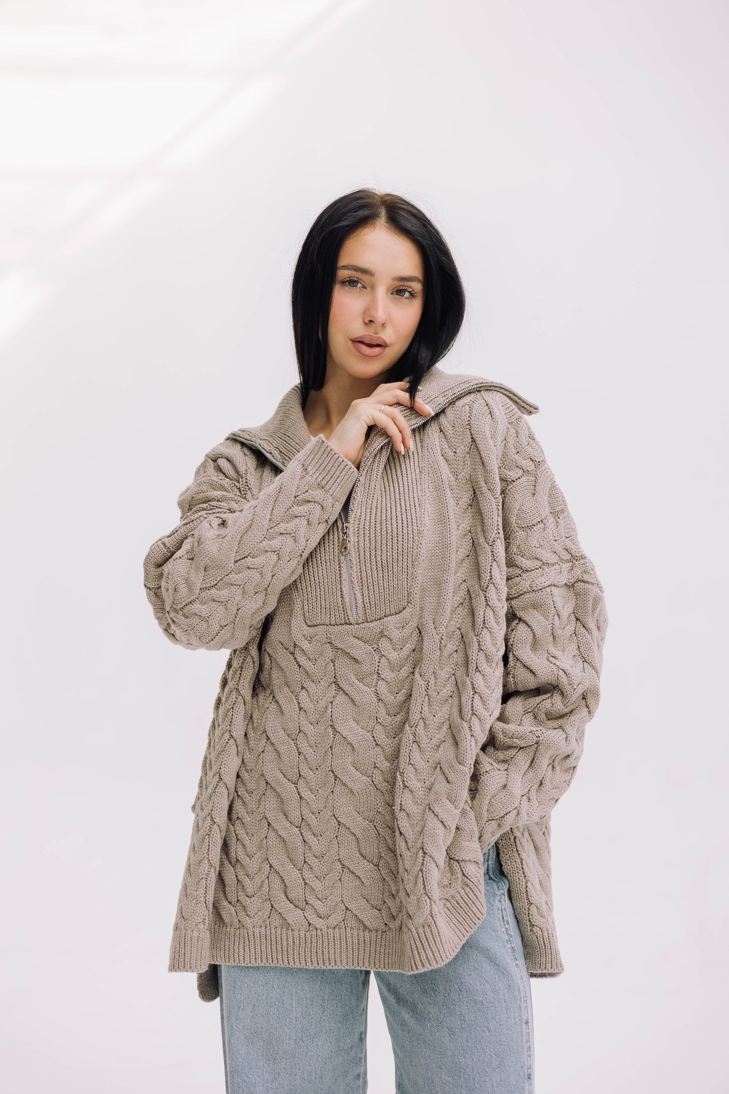 Braided Half-Zip Sweater - Beige