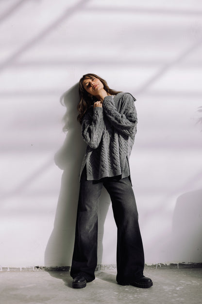 Braided Half-Zip Sweater - Grey