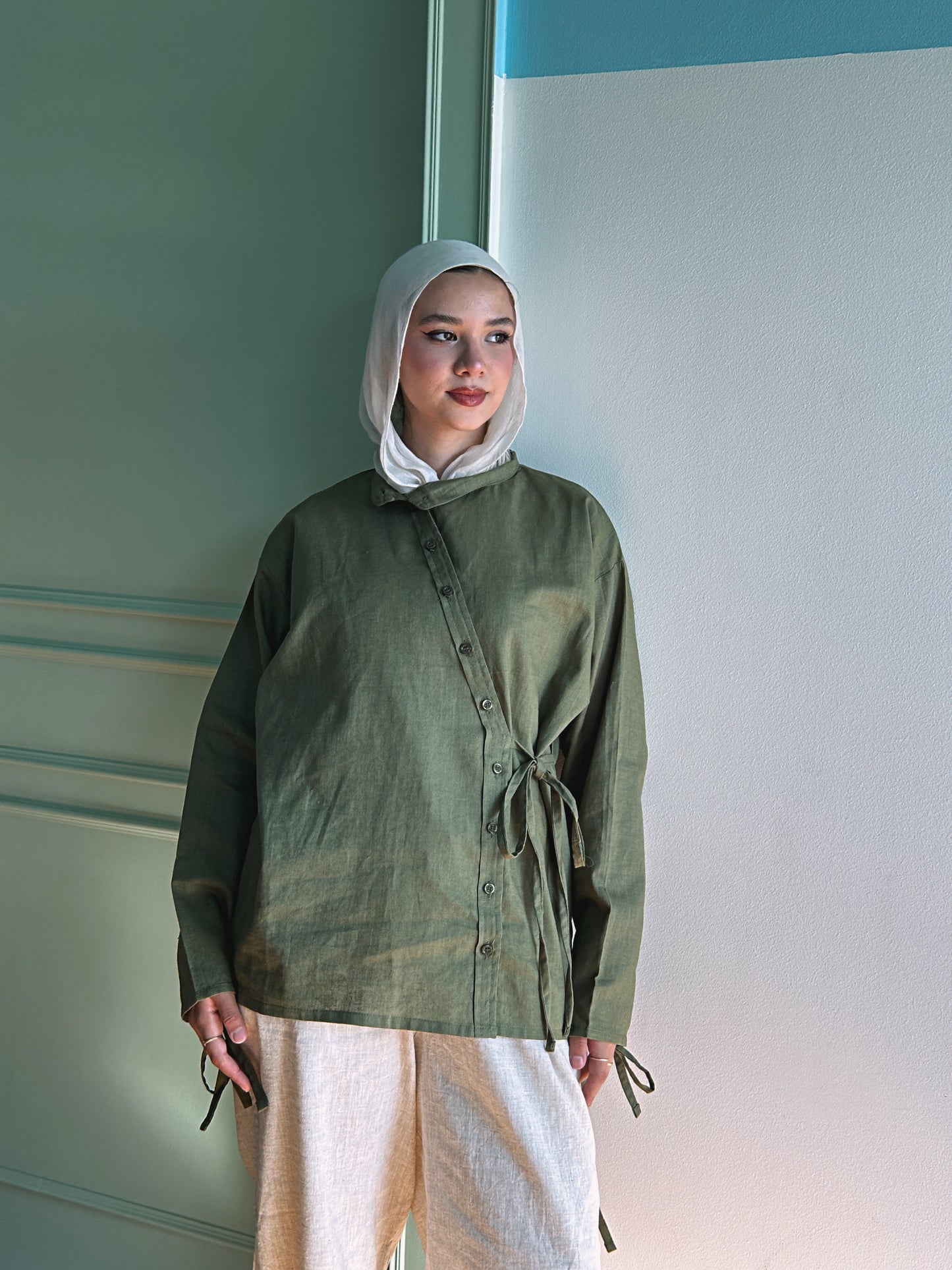 Side Bow Linen Shirt - Moss