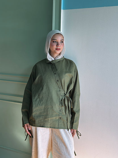 Side Bow Linen Shirt - Moss