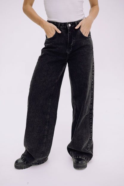 Wide Flow Denim Pants - Ash Black