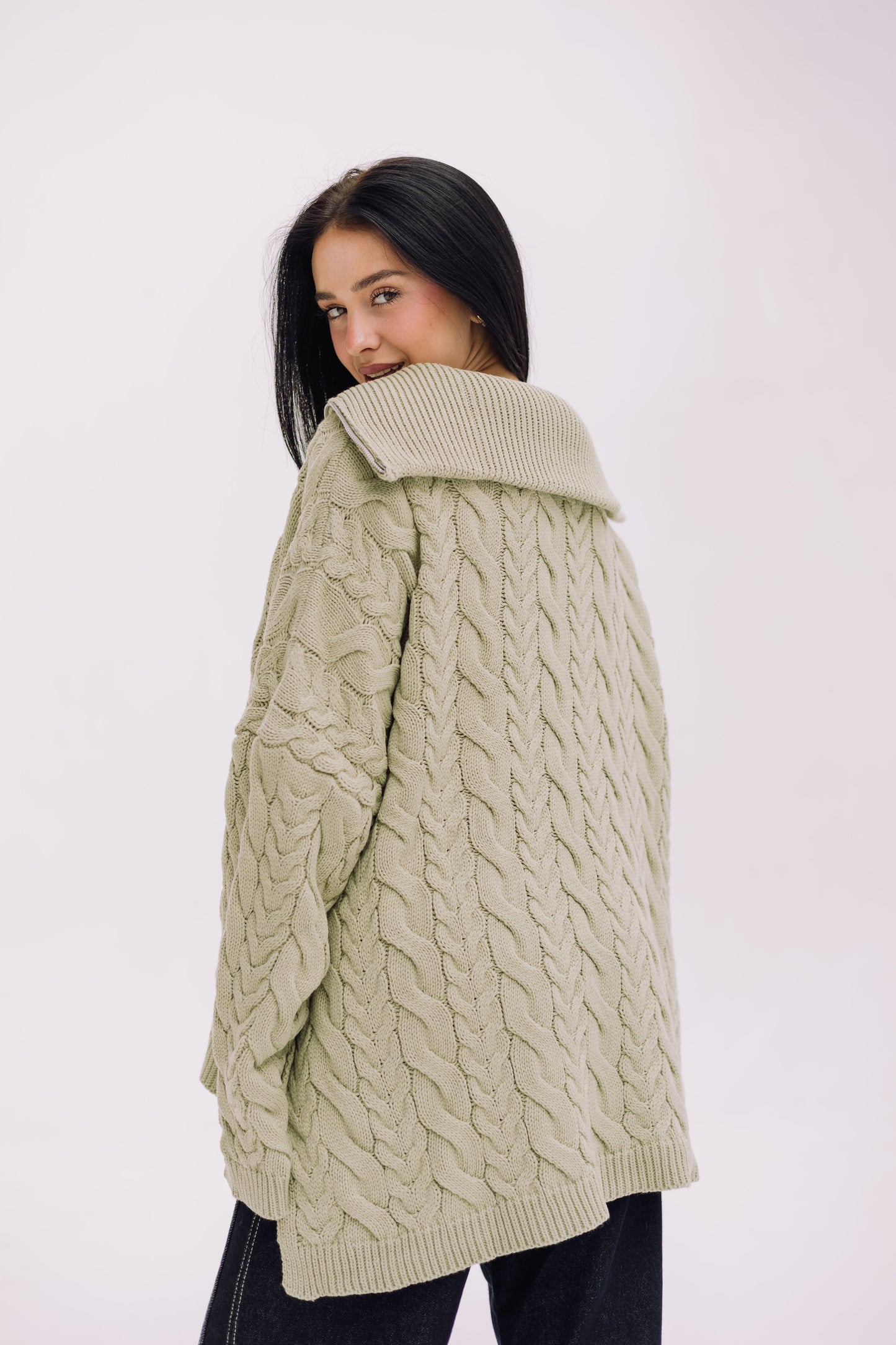 Braided Half-Zip Sweater - Basil
