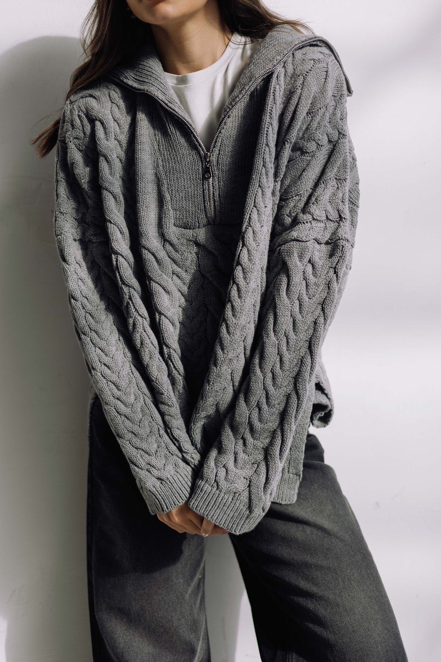 Braided Half-Zip Sweater - Grey