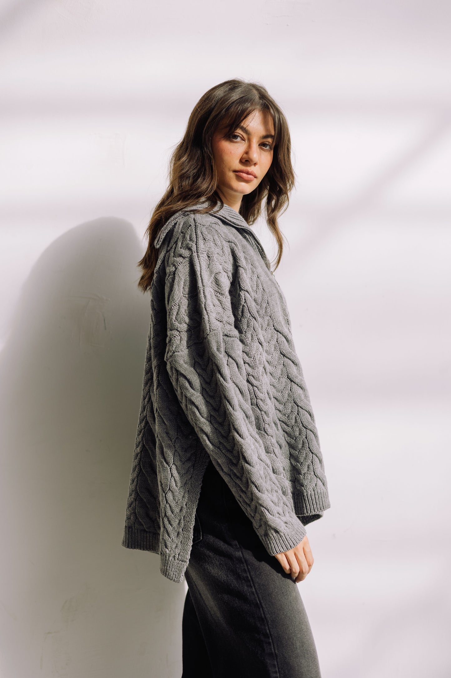 Braided Half-Zip Sweater - Grey