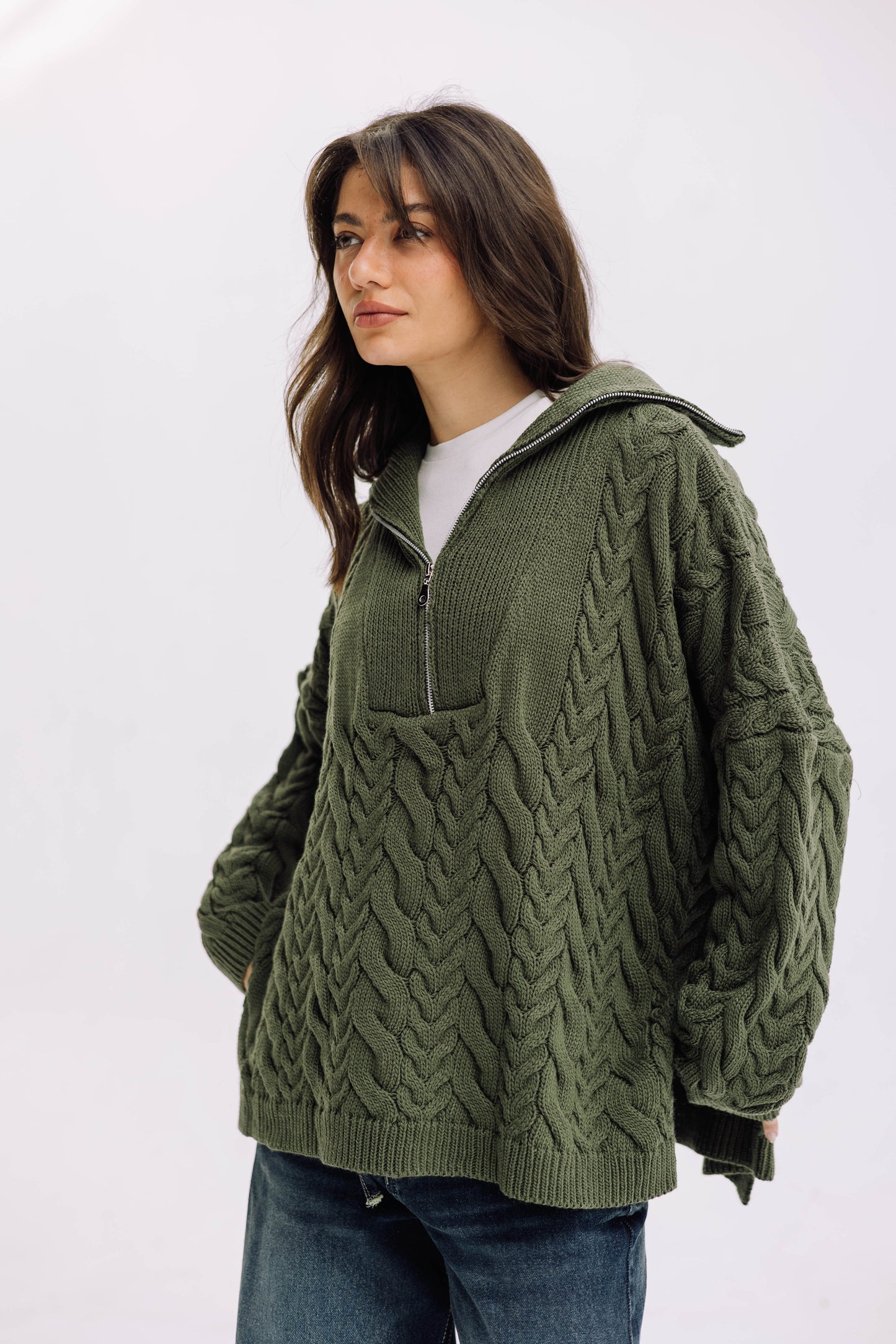 Braided Half-Zip Sweater - Olive