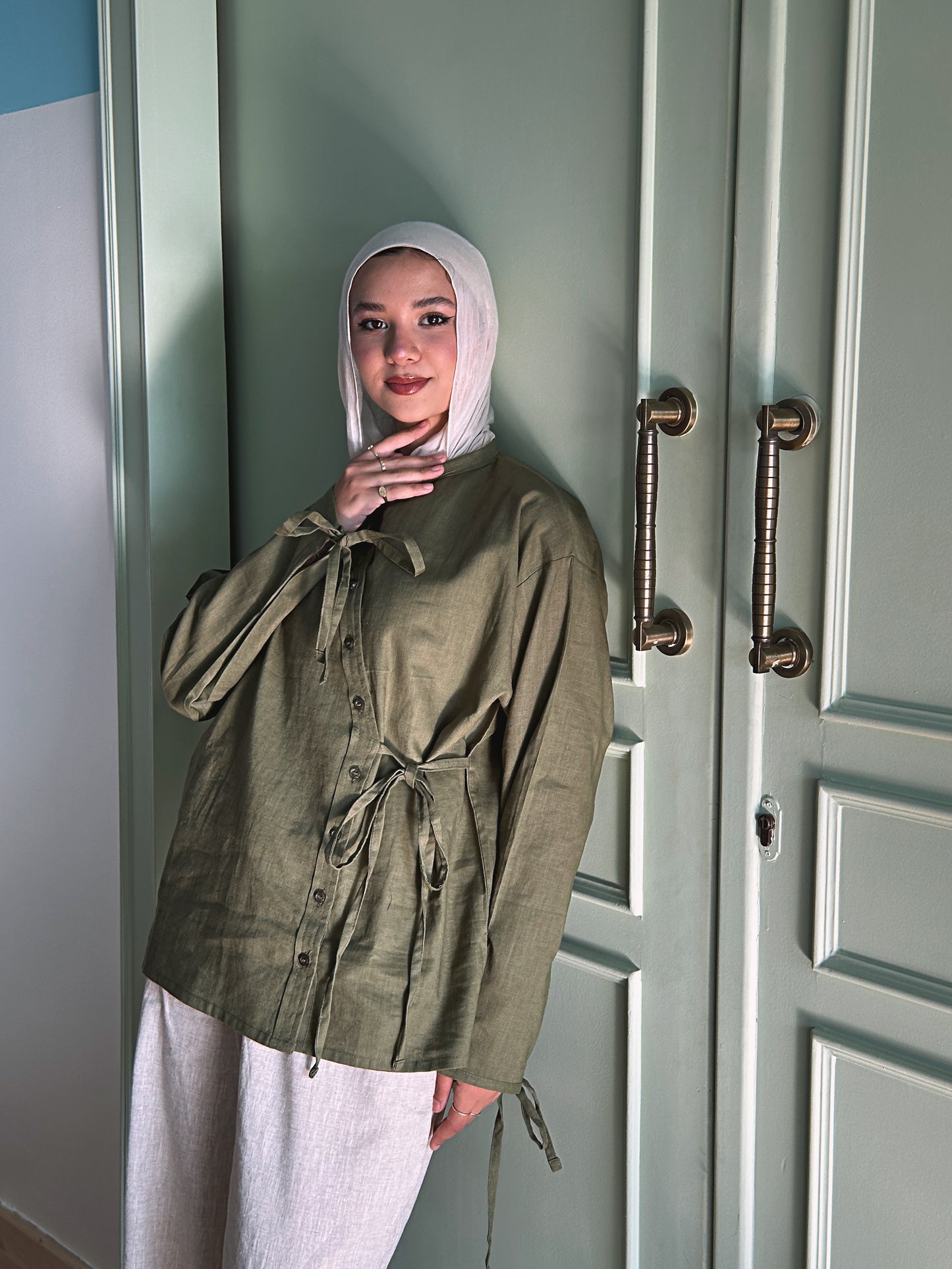 Side Bow Linen Shirt - Moss