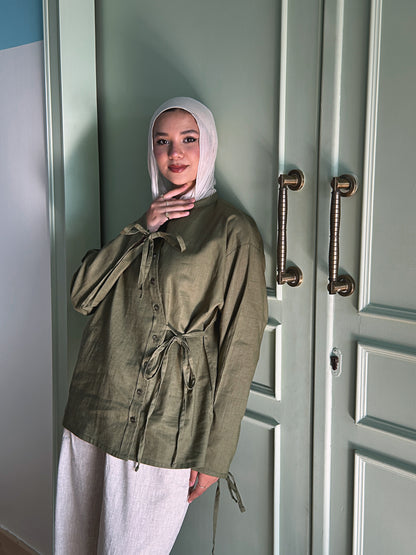 Side Bow Linen Shirt - Moss