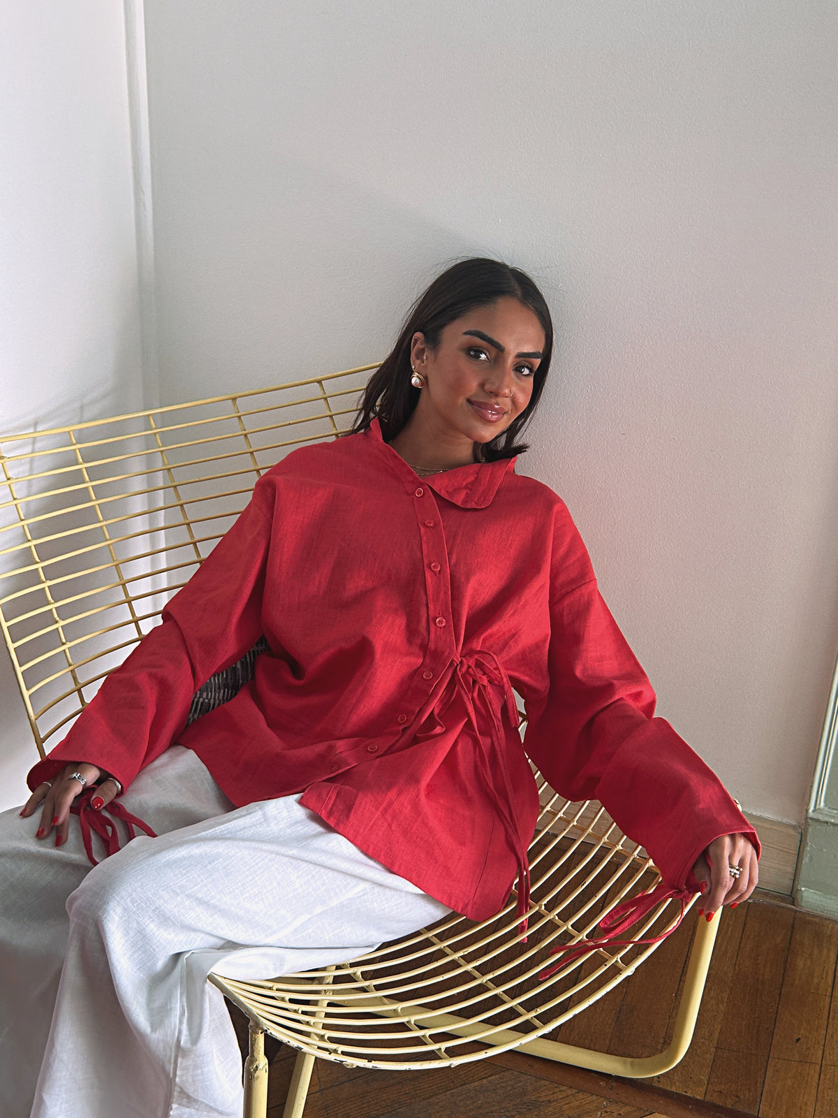 Side Bow Linen Shirt - Crimson Red