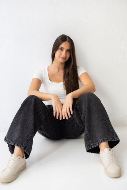 Wide Flow Denim Pants - Ash Black