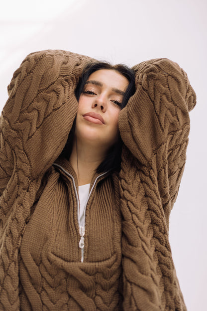 Braided Half-Zip Sweater - Brown