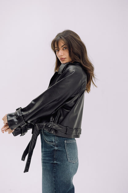 Leather Cropped Trench Jacket - Black