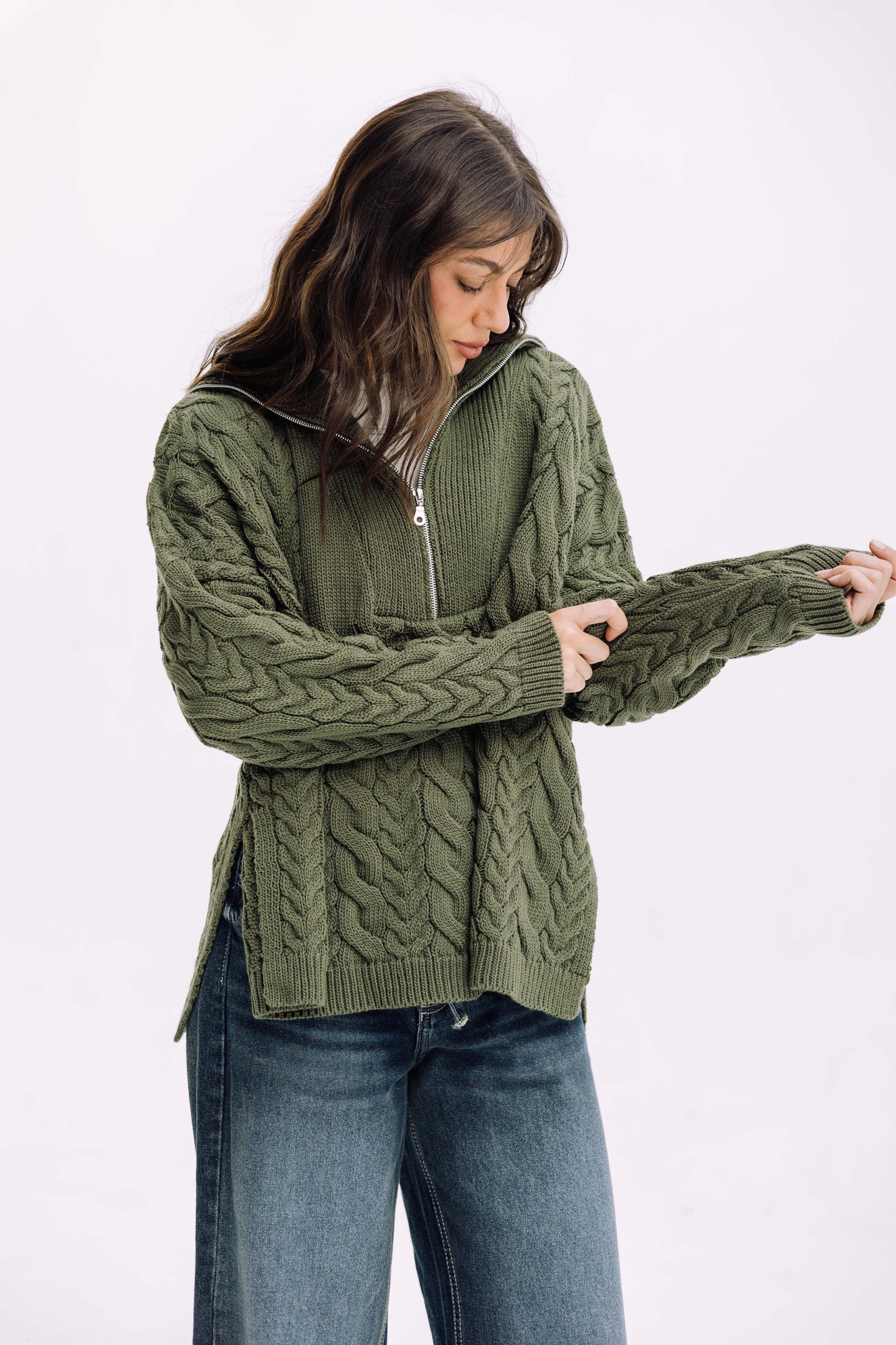Braided Half-Zip Sweater - Olive