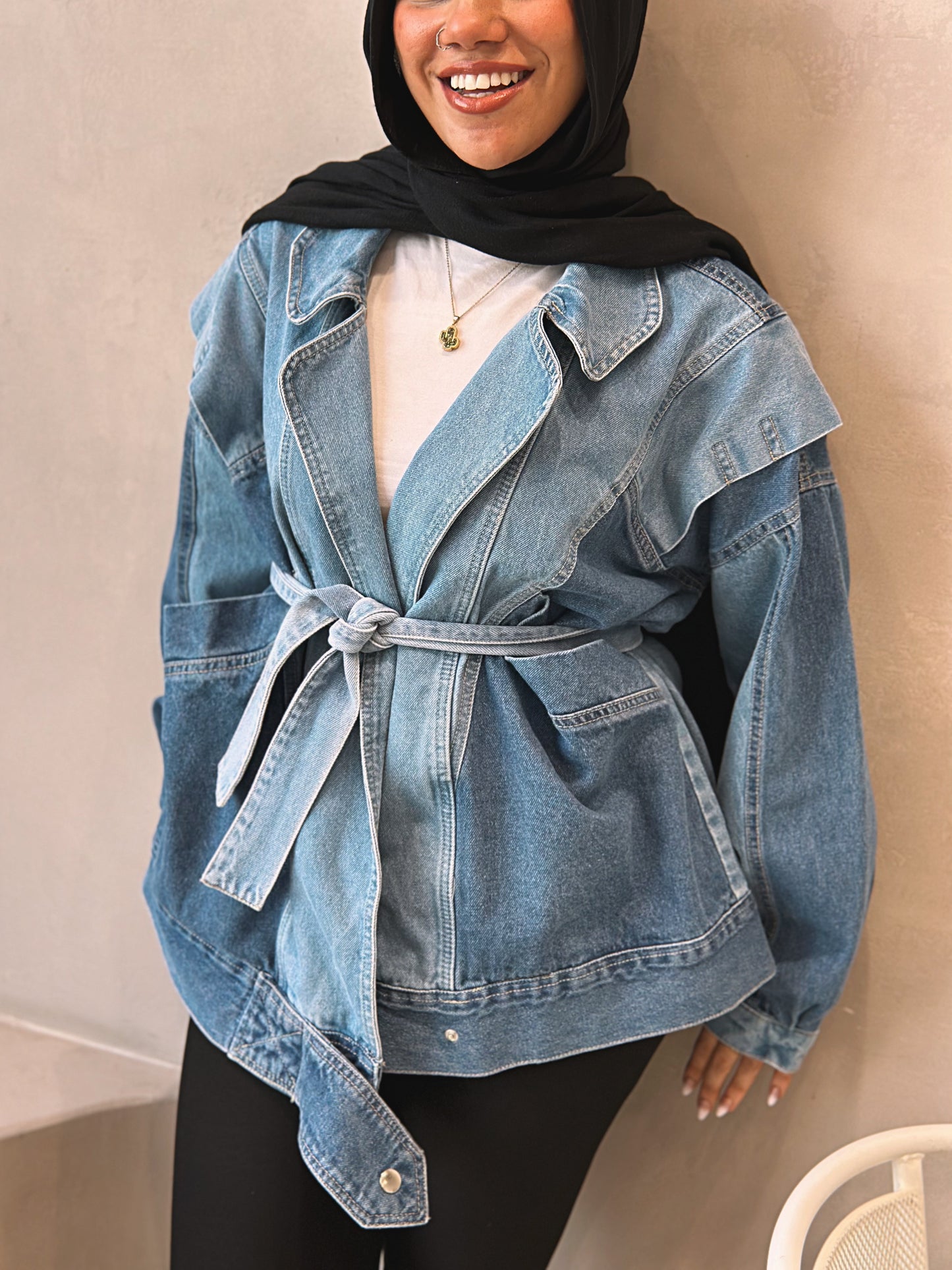 Tie-belt Denim Jacket - Dark Blue