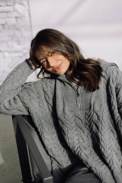 Braided Half-Zip Sweater - Grey