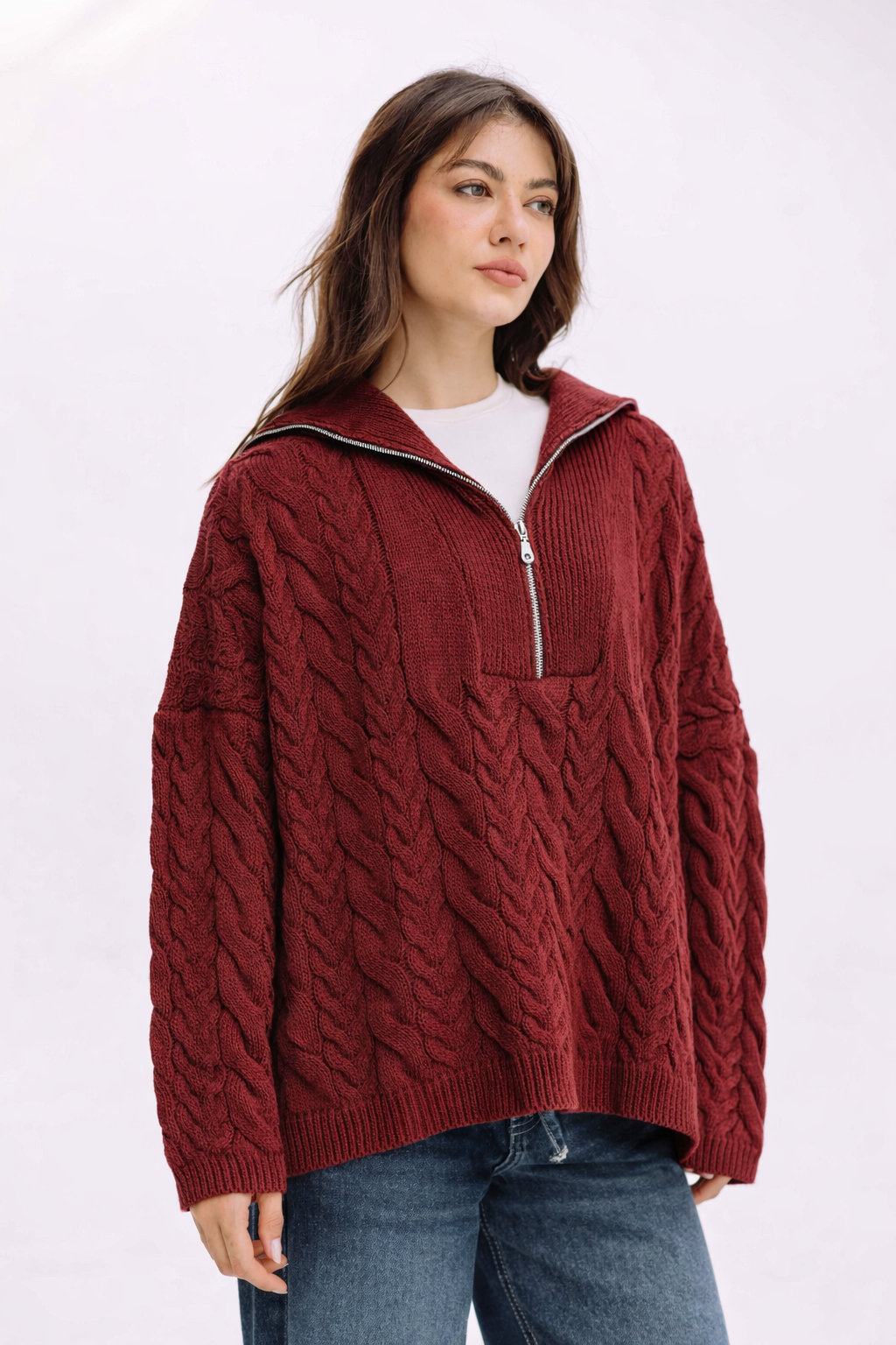 Braided Half-Zip Sweater - Burgundy
