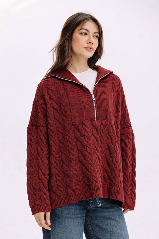 Braided Half-Zip Sweater - Burgundy