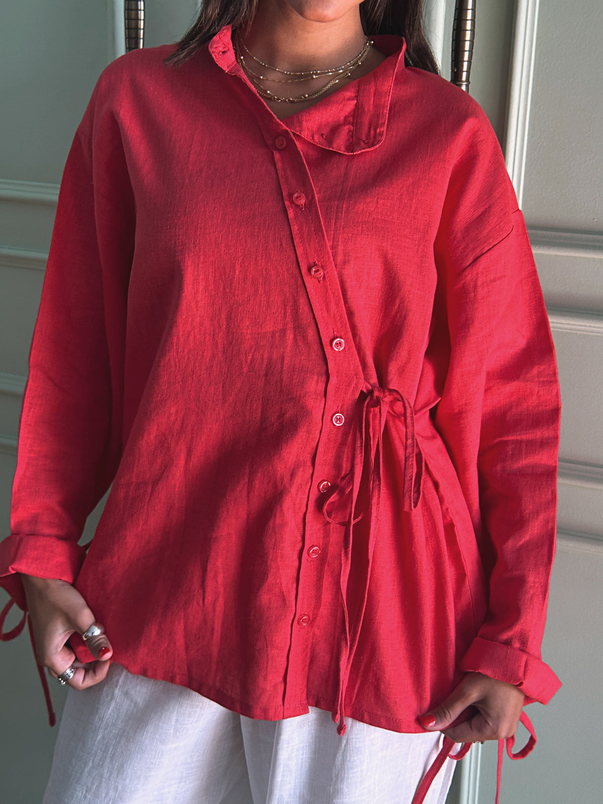 Side Bow Linen Shirt - Crimson Red