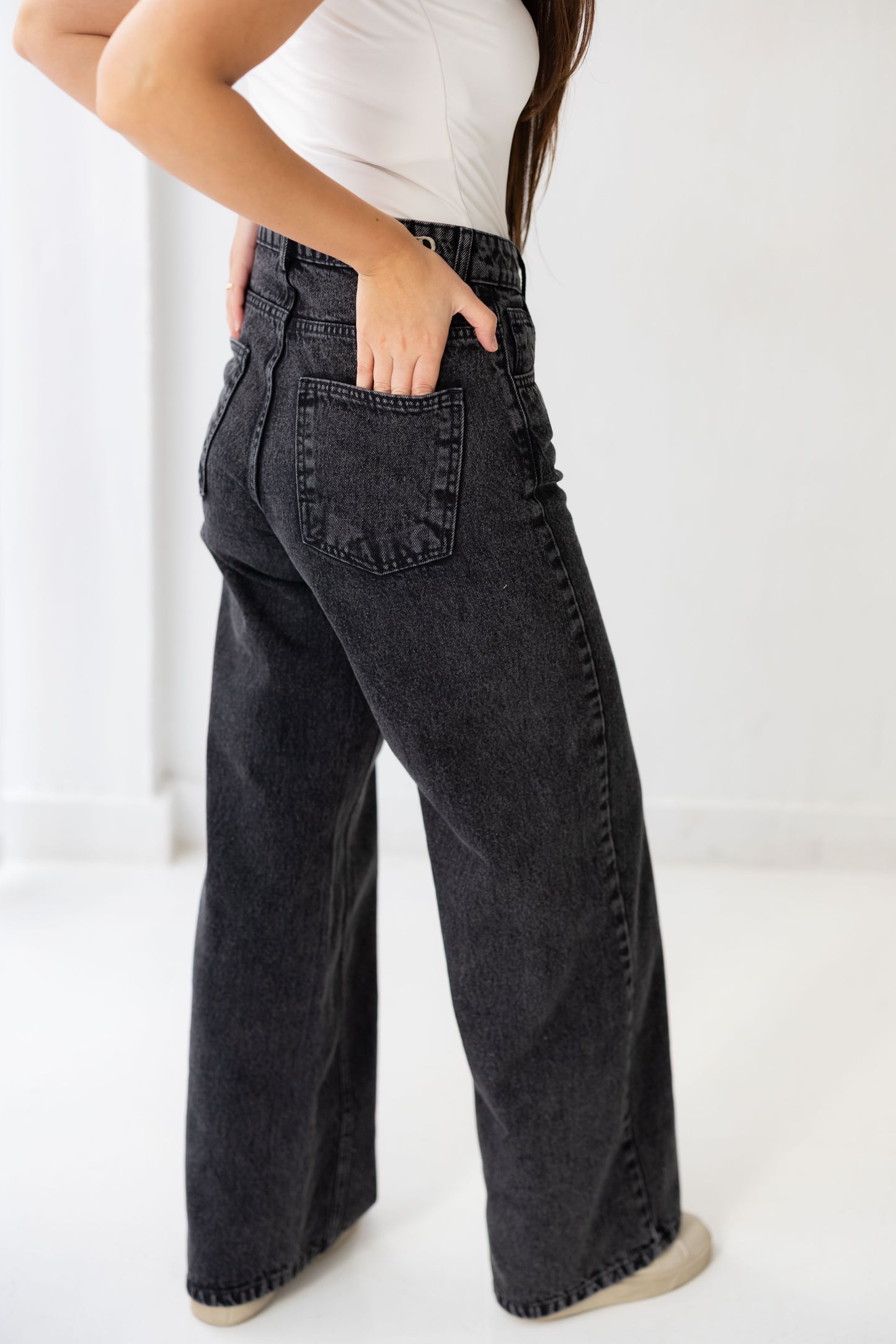 Wide Flow Denim Pants - Ash Black