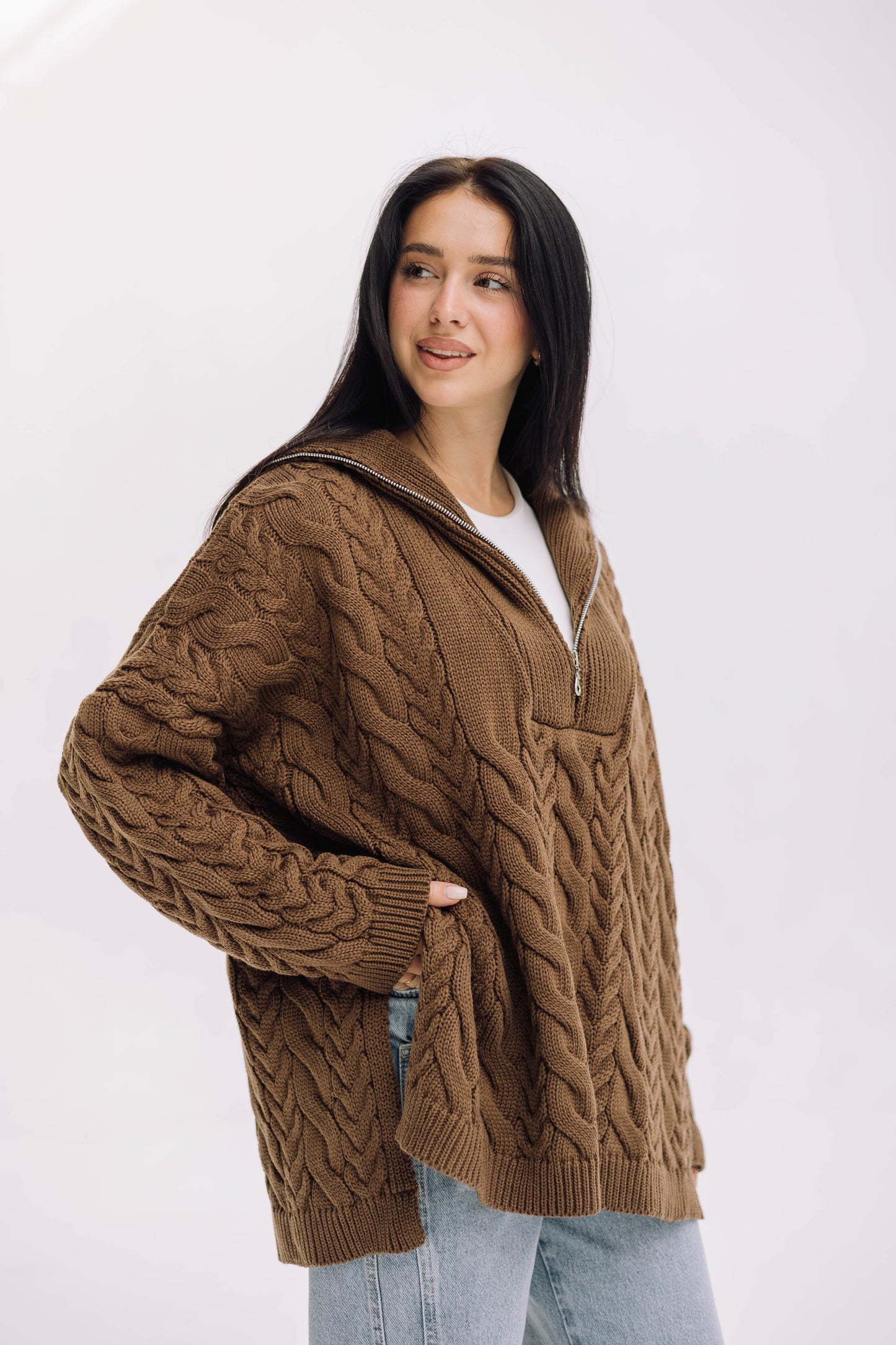 Braided Half-Zip Sweater - Brown