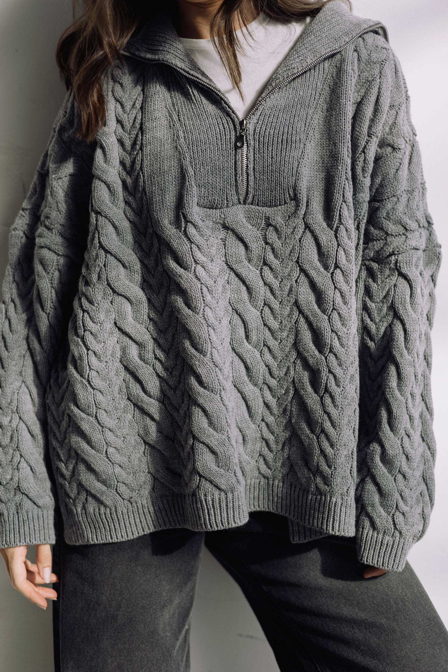 Braided Half-Zip Sweater - Grey