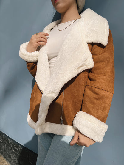 Suedette Shearling Jacket - Camelxwhite