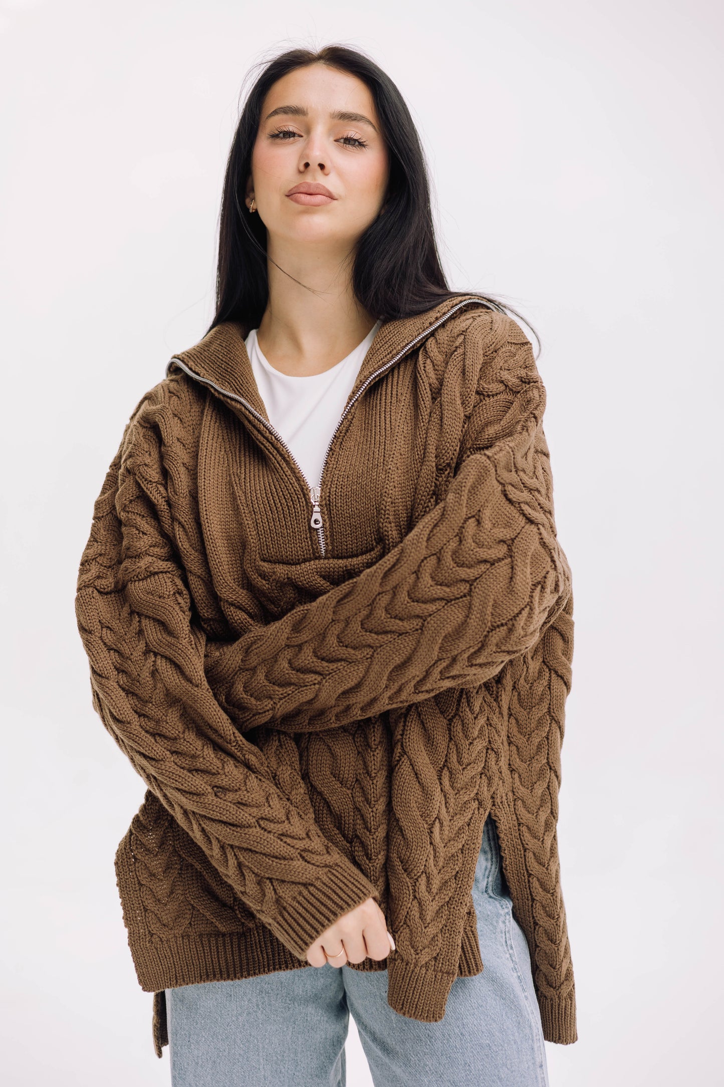 Braided Half-Zip Sweater - Brown