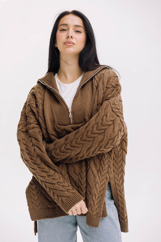 Braided Half-Zip Sweater - Brown
