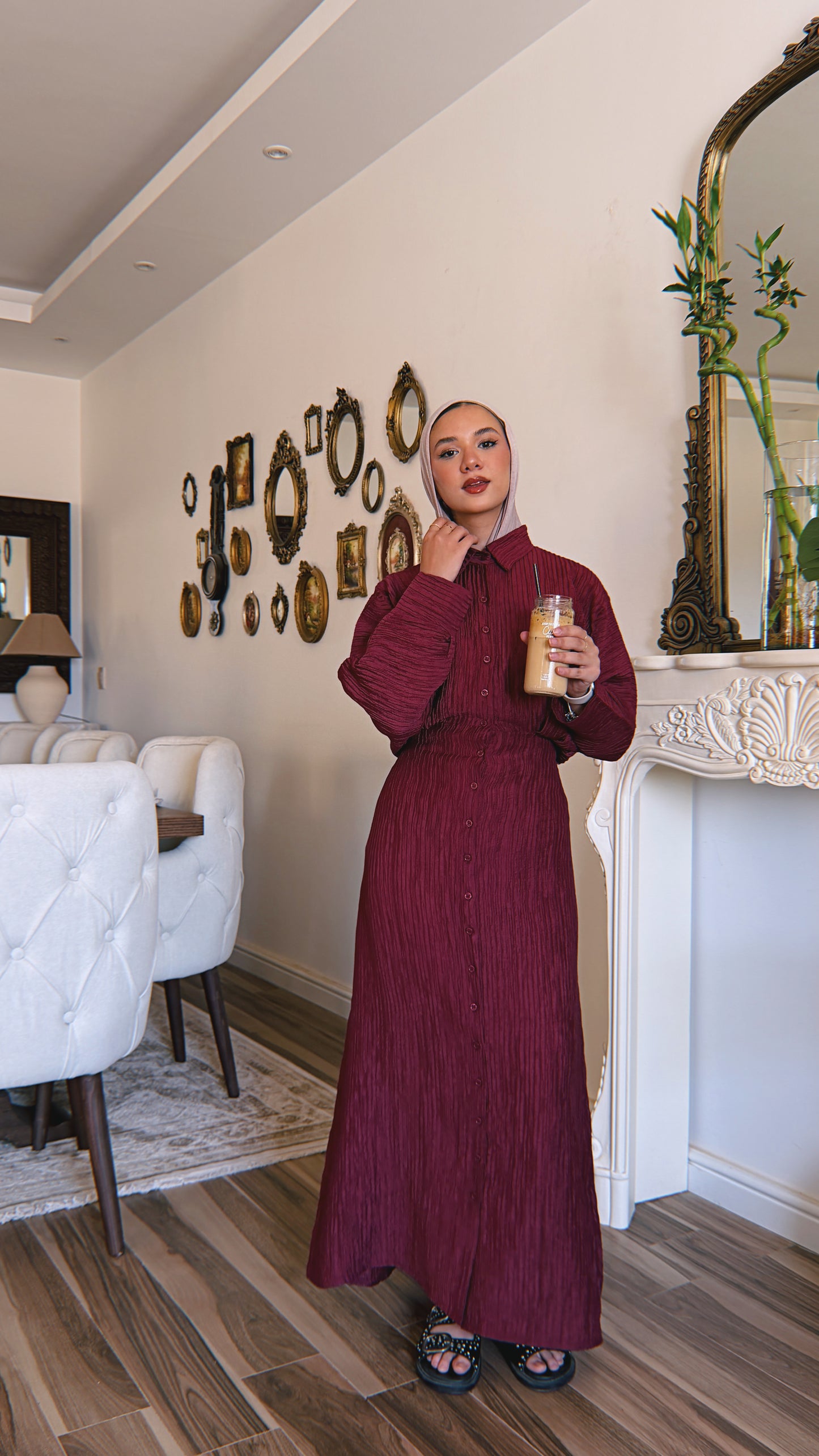 Dreamy Crinkled Dress - Deep Burgundy