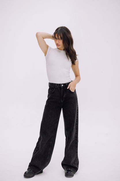 Wide Flow Denim Pants - Ash Black