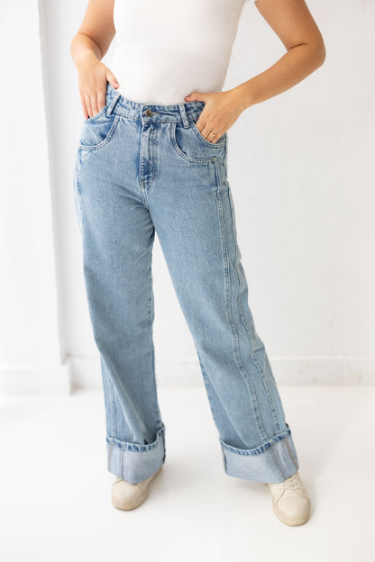 Double Cuff Denim Pants - Washed Blue