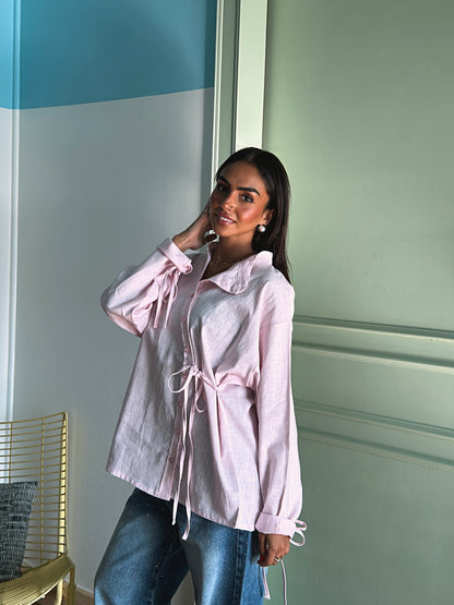 Side Bow Linen Shirt - Soft Pink