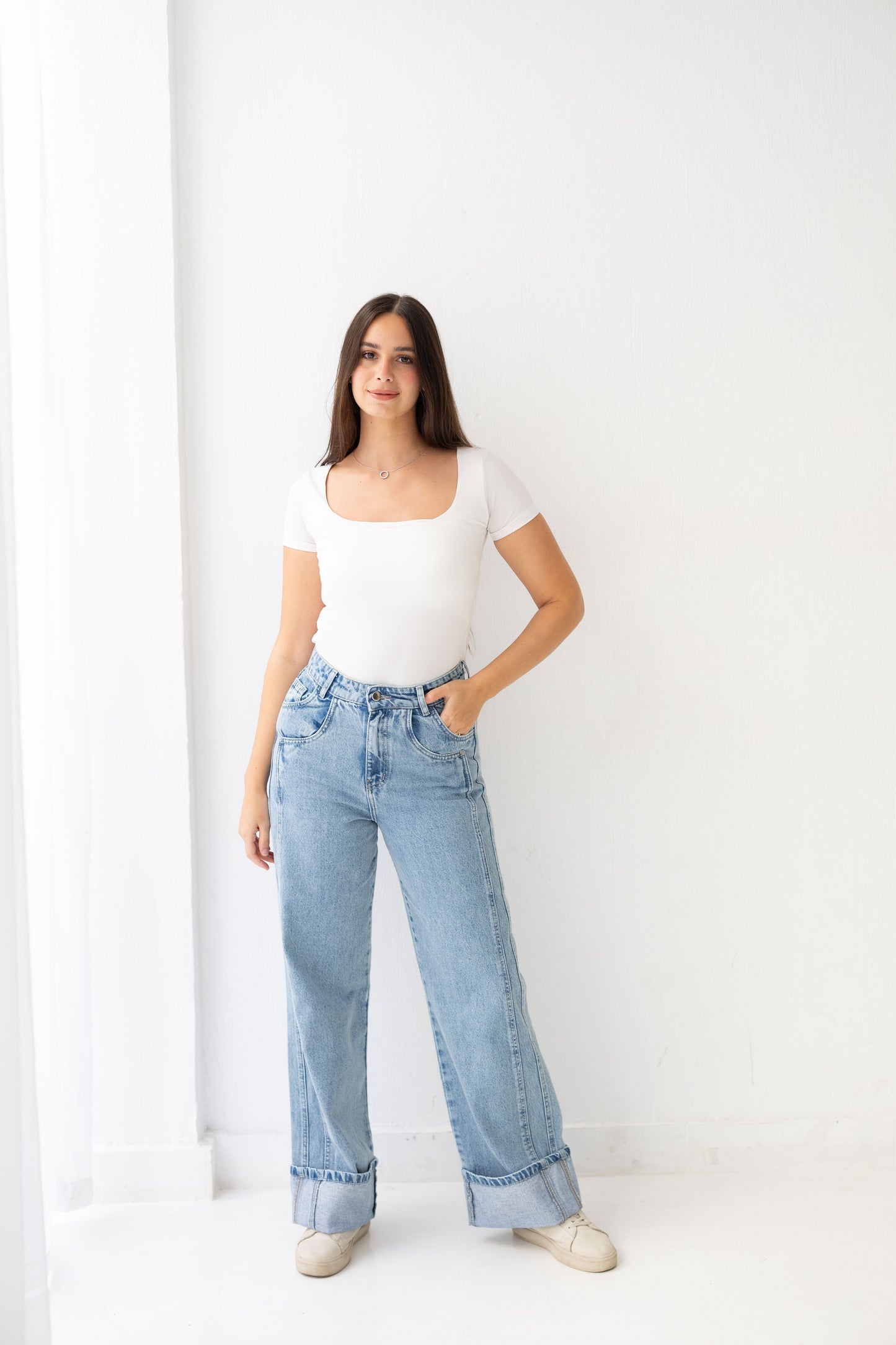 Double Cuff Denim Pants - Washed Blue