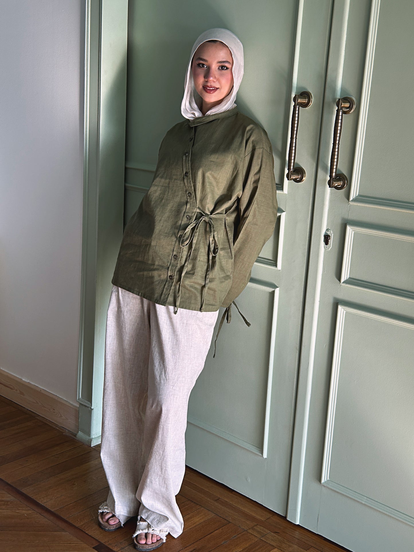 Side Bow Linen Shirt - Moss