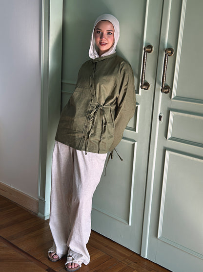 Side Bow Linen Shirt - Moss