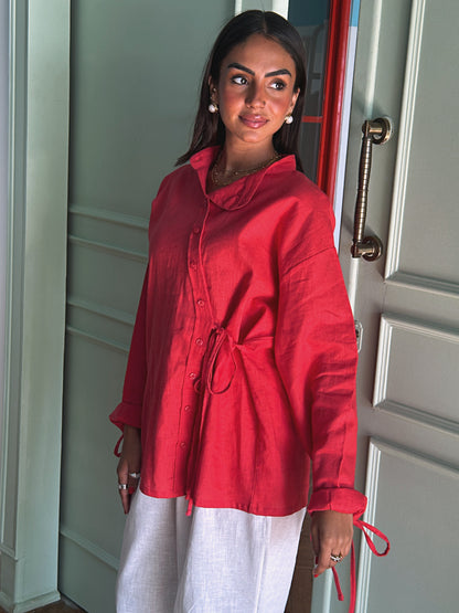 Side Bow Linen Shirt - Crimson Red