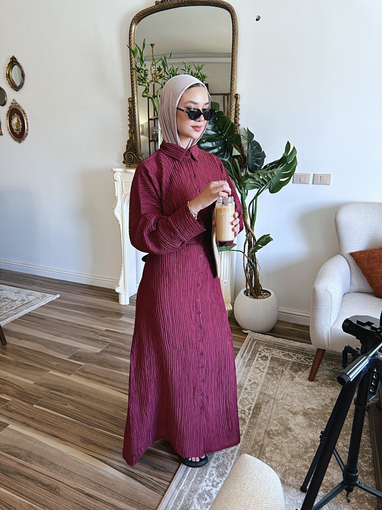 Dreamy Crinkled Dress - Deep Burgundy