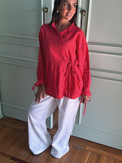 Side Bow Linen Shirt - Crimson Red