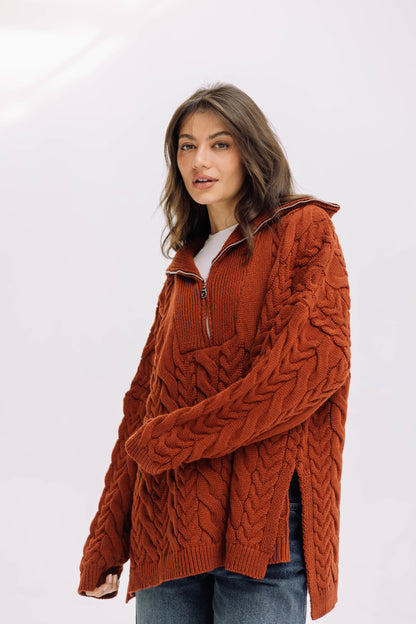 Braided Half-Zip Sweater - Brick
