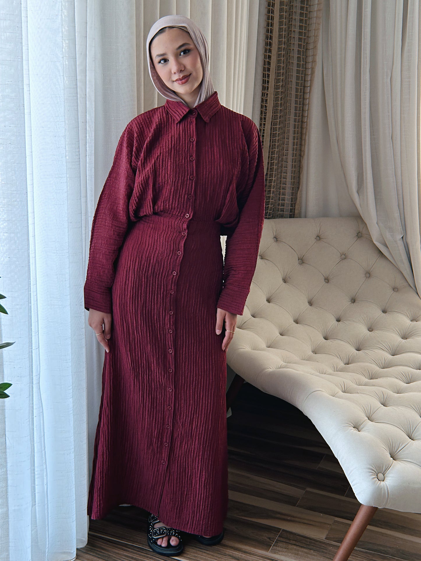 Dreamy Crinkled Dress - Deep Burgundy