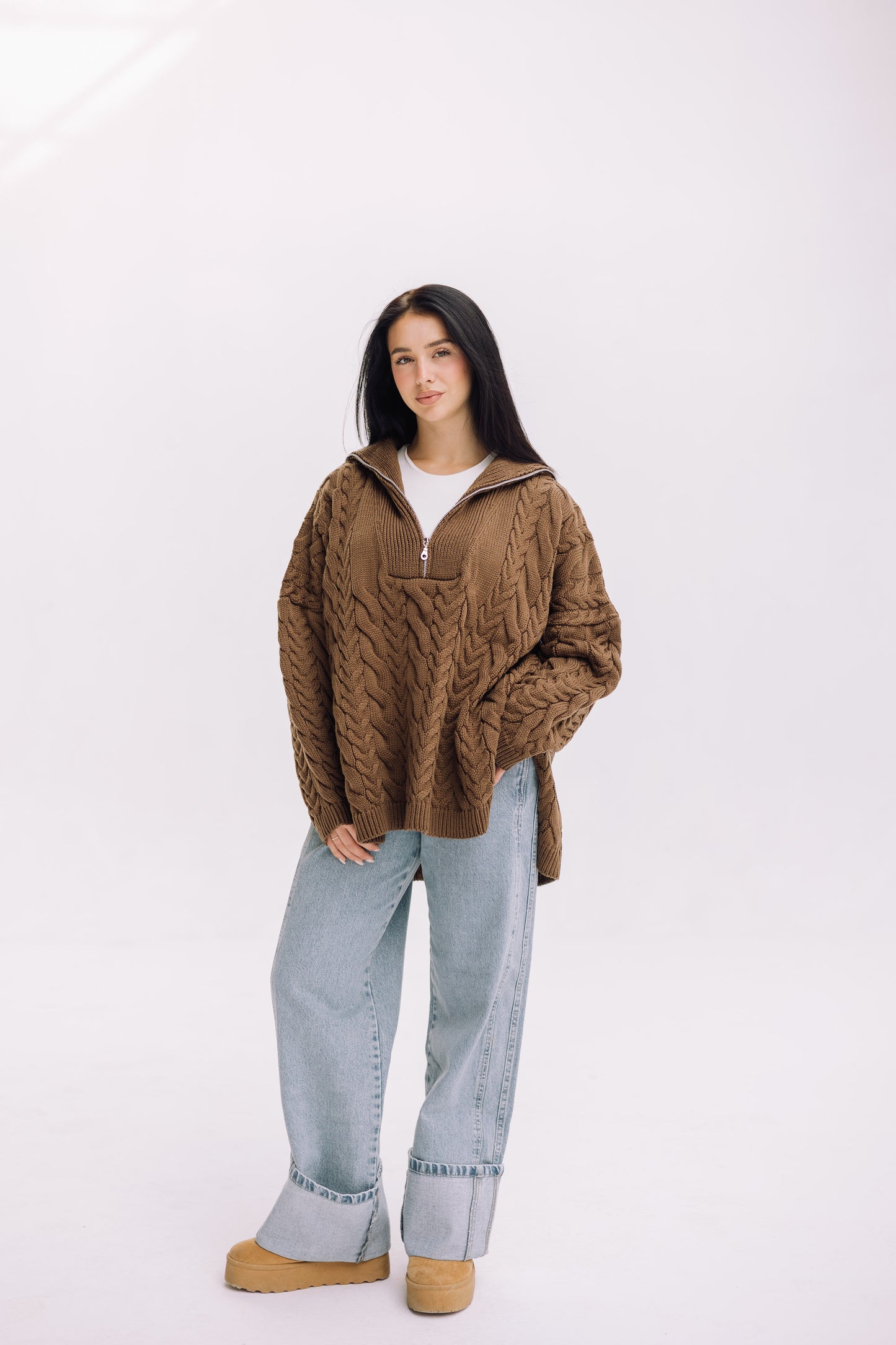 Braided Half-Zip Sweater - Brown